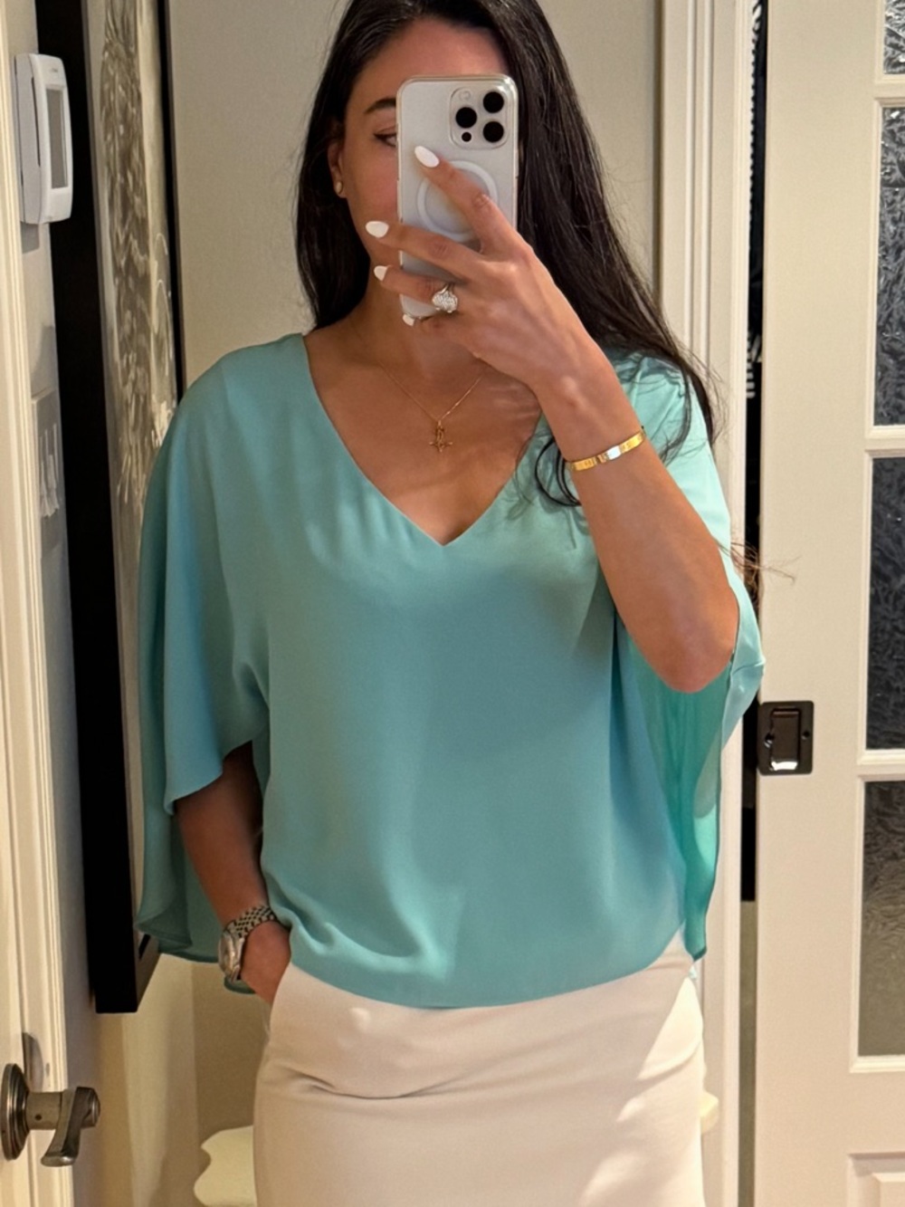 NWOT. BCBGMaxAzria Aqua V-Neck Flutter-Sleeve Blouse